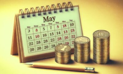 Coins stacked next to the May calender