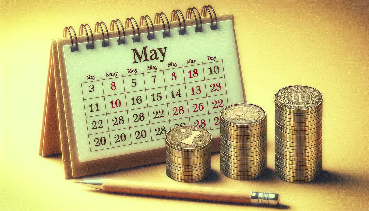 Coins stacked next to the May calender