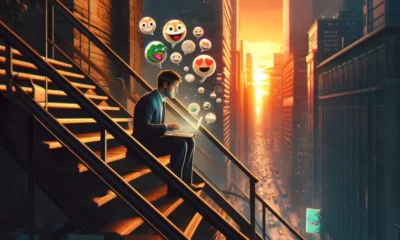 A developer thinking about memecoins as he sits on a stairway at sundown.