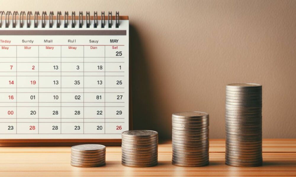 Stacks of coins next to a calender