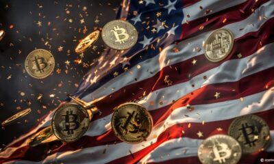 An American flag with cryptocurrencies symbolizing the Trump NFT dinner amidst Stormy Daniels' testimony in his hush money trial.