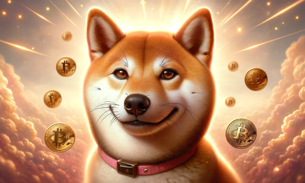 A photorealistic portrait of Kabosu the Shiba Inu dog, with her iconic skeptical and curious expression, set against a soft, dreamy background with floating Dogecoin symbols and ethereal light rays.