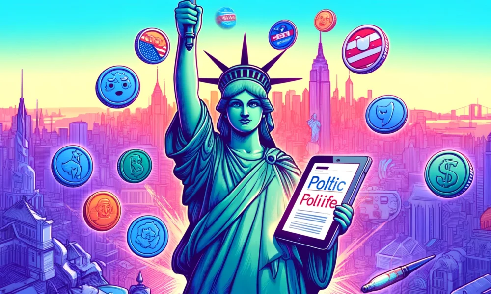 An illustration of the Statue of Liberty holding a tablet with "PolitiFi" inscribed on it, surrounded by various political memecoins floating in the air, with the Manhattan skyline in the background.