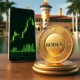 A large, shiny gold coin with "BODEN" engraved on it, standing upright on a table with a smartphone displaying a rapidly rising green candlestick chart, set against a backdrop of Mar-a-Lago resort.