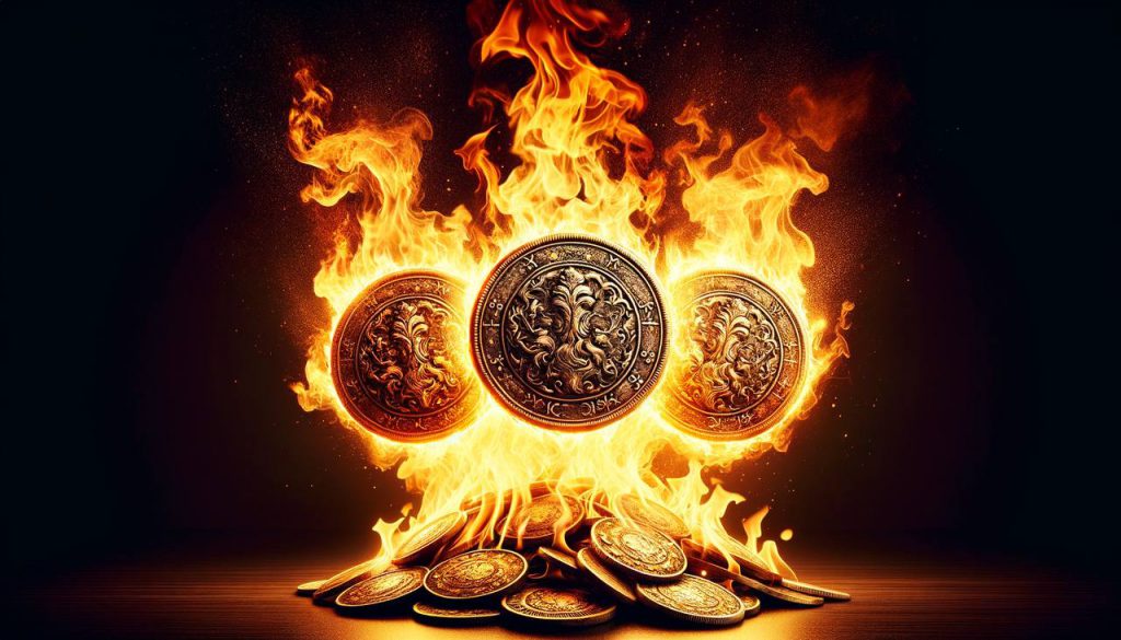 three coins coming out of the fire