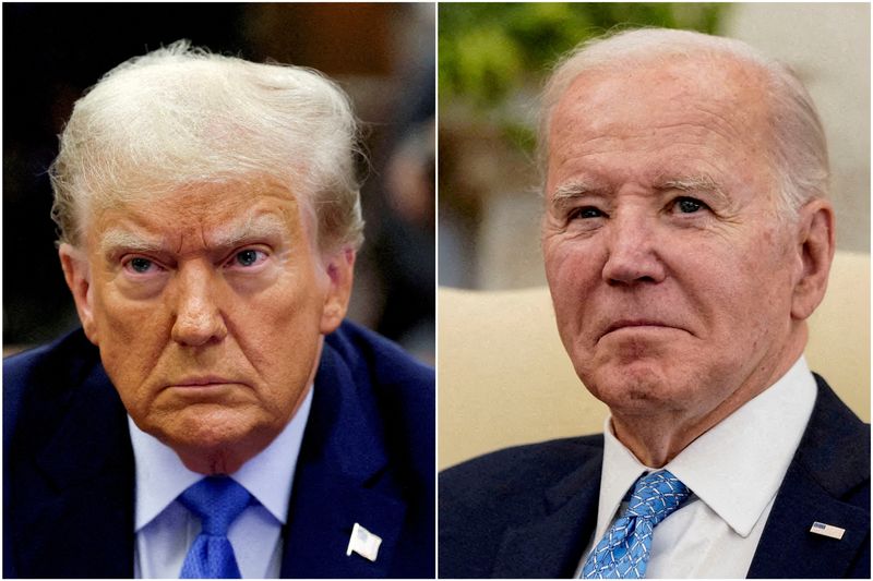 ©Reuters.  FILE PHOTO: Combined image showing former US President Donald Trump in New York City, United States, on November 6, 2023 and US President Joe Biden in the Oval Office of the White House in Washington, United States, on March 1, 2024. REUTERS/Brendan McDermid and Elizabeth Frantz//File photo