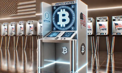 A futuristic United States voting booth with screens displaying bitcoin logos