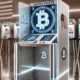 A futuristic United States voting booth with screens displaying bitcoin logos