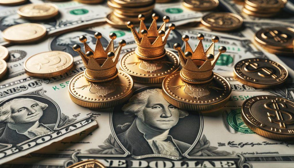 three coins surrounded by piles of money