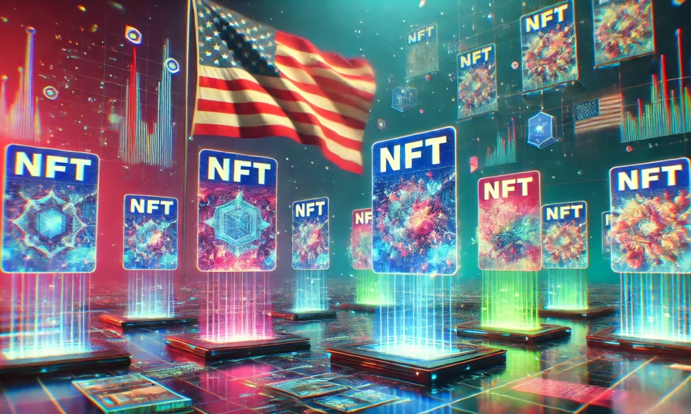 Digital landscape with NFT cards floating in a virtual space, American flag waving in the background